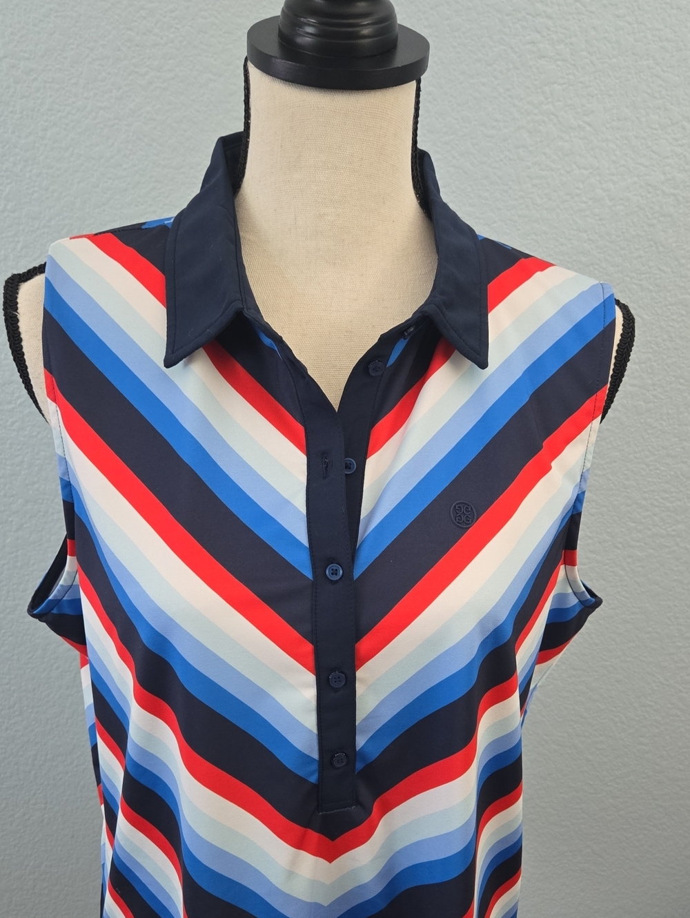 G/FORE Sleeveless Chevron Polo Top - Navy, Red & Light Blue Sz XL - Picture 3 of 11